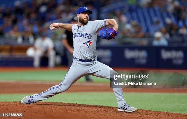 Anthony Bass of the Toronto Blue Jays pitches in the seventh inning during a game against the Tampa Bay Rays at Tropicana Field on May 22, 2023 in St...