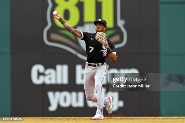 Shortstop Tim Anderson of the Chicago White Sox throws out Gabriel Arias of the Cleveland Guardians at first to end the fourth inning at Progressive...