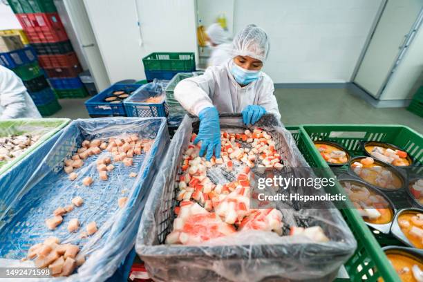 donna che lavora in una fabbrica di pesce che fa il controllo di qualità - frutti di mare foto e immagini stock