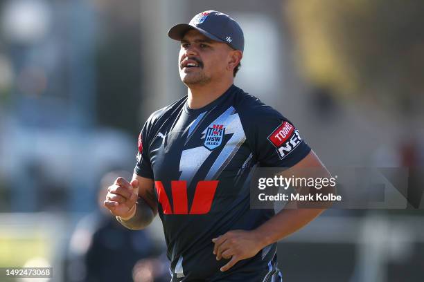 Latrell Mitchell runs during a New South Wales Blues State of Origin training session at Coogee Oval on May 23, 2023 in Sydney, Australia.