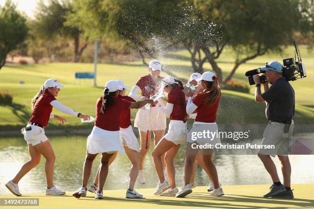 Rose Zhang of the Stanford Cardinal celebrates with teammates after winning the NCAA women’s Golf Championships at Grayhawk Golf Club on May 22, 2023...