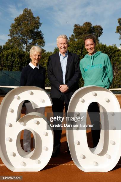 Lesley Bowrey, Craig Tiley and Sam Stosur pose for a photo during a Tennis Australia x Roland Garros 2023 preview media opportunity at Melbourne Park...