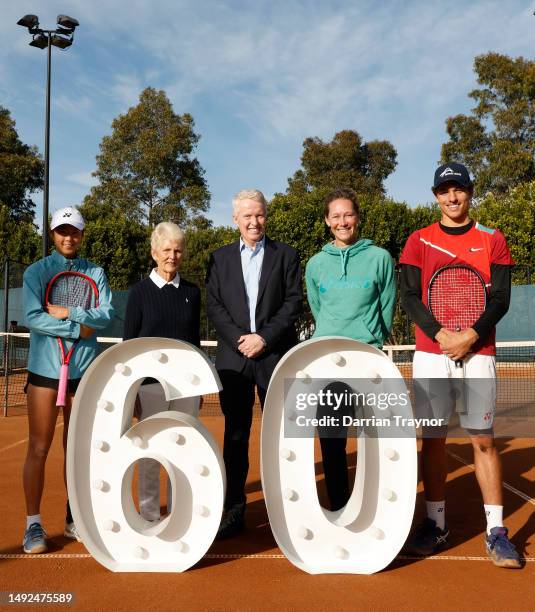 Koharu Nishikawa, Lesley Bowrey, Craig Tiley, Sam Stosur and Daniel Jovanovski pose for a photo during a Tennis Australia x Roland Garros 2023...