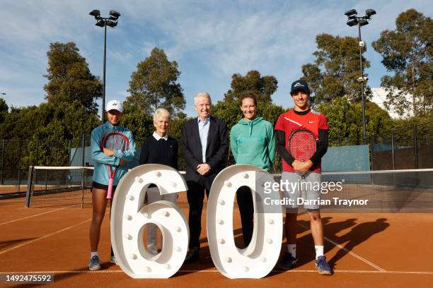 Koharu Nishikawa, Lesley Bowrey, Craig Tiley, Sam Stosur and Daniel Jovanovski pose for a photo during a Tennis Australia x Roland Garros 2023...