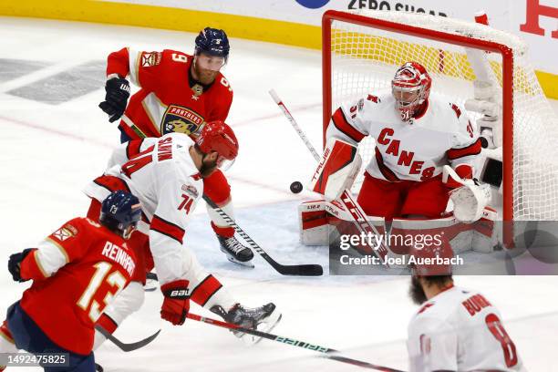 Sam Reinhart of the Florida Panthers shoots to score a goal on Frederik Andersen of the Carolina Hurricanes during the second period in Game Three of...