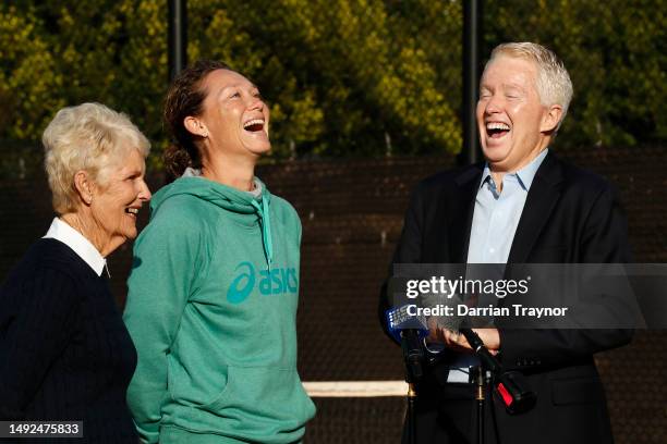 Lesley Bowrey, Sam Stosur and Craig Tiley speak during a Tennis Australia x Roland Garros 2023 preview media opportunity at Melbourne Park on May 23,...