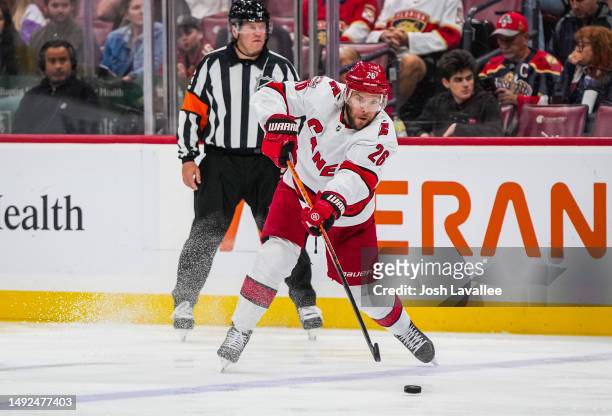 Paul Stastny of the Carolina Hurricanes passes the puck during the second period against the Florida Panthers in Game Three of the Eastern Conference...