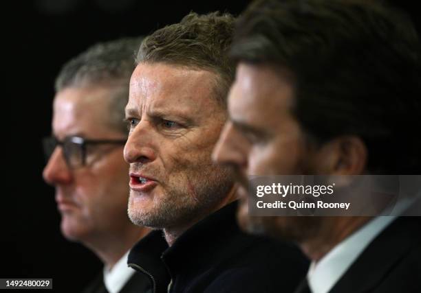 Richmond President John O’Rourke, Damien Hardwick the coach of the Tigers and CEO Brendon Gale speak to the media during a Richmond Tigers AFL press...