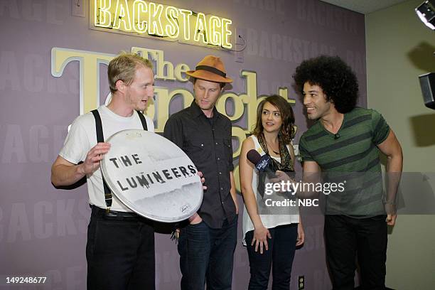 Episode 4294 -- Pictured: Jeremiah Fraites, Wesley Schultz and Neyla Pekarek of The Lumineers during an interview with Bryan Branly backstage on July...