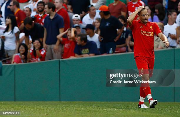 Joe Cole of Liverpool reacts after hitting the crossbar with a shot against AS Roma during a pre-season tour friendly match on July 25, 2012 at...