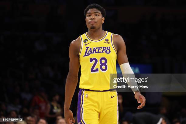 Rui Hachimura of the Los Angeles Lakers reacts to his foul during the third quarter against the Denver Nuggets in game four of the Western Conference...