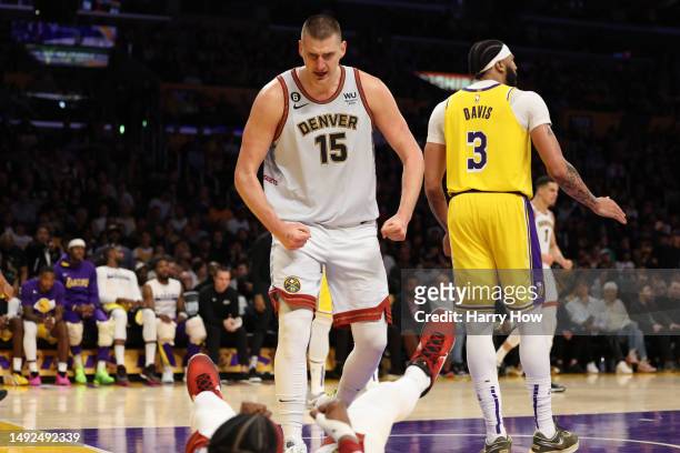 Nikola Jokic of the Denver Nuggets reacts to a foul during the third quarter against the Los Angeles Lakers in game four of the Western Conference...