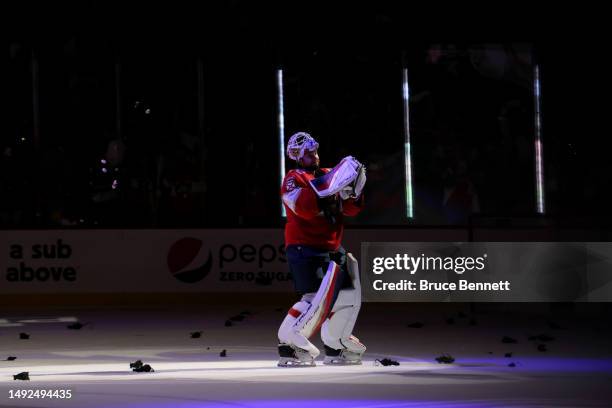 Sergei Bobrovsky of the Florida Panthers celebrates after defeating the Carolina Hurricanes in Game Three of the Eastern Conference Final of the 2023...