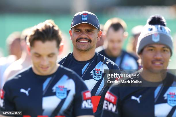 Latrell Mitchell smiles as he walks with his team mates after a New South Wales Blues State of Origin training session at Coogee Oval on May 23, 2023...
