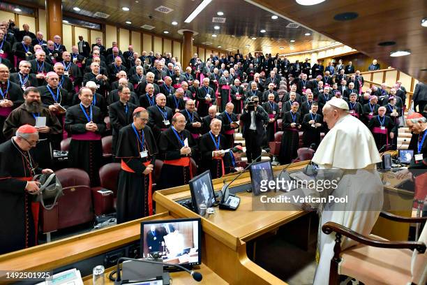 Pope Francis attends the opening of the 77th General Assembly of the CEI at the Synod Hall on May 22, 2023 in Vatican City, Vatican.