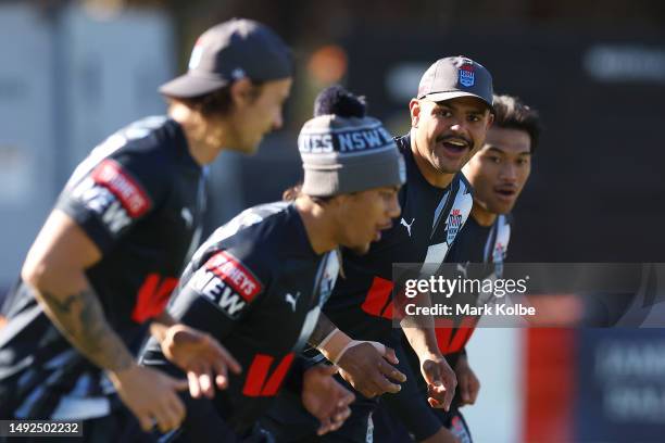 Latrell Mitchell calls instruction as the Blues run a drill during a New South Wales Blues State of Origin training session at Coogee Oval on May 23,...