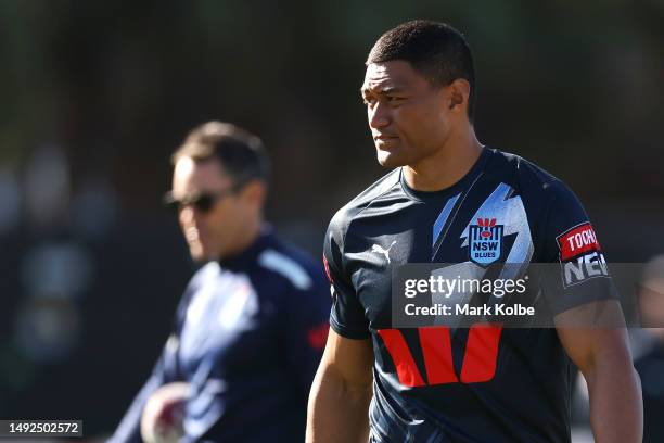 Stefano Utoikamanu watches on during a New South Wales Blues State of Origin training session at Coogee Oval on May 23, 2023 in Sydney, Australia.