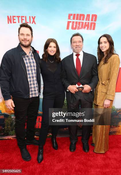 Chris Pratt, Katherine Schwarzenegger, Arnold Schwarzenegger, and Christina Schwarzenegger attend the Netflix premiere of ''FUBAR'' on May 22, 2023...