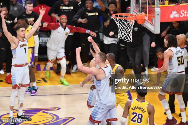 Nikola Jokic of the Denver Nuggets celebrates after the series clinching victory against the Los Angeles Lakers in game four of the Western...