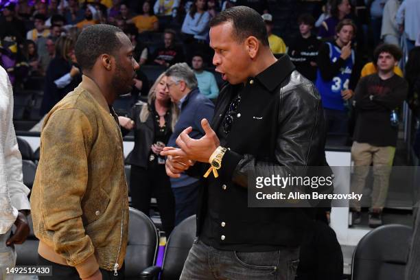 Former Major League Baseball player Alex Rodriguez is seen with sports agent Rich Paul during game four of the Western Conference Finals between the...