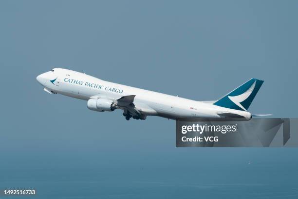 Cargo aircraft operated by Cathay Pacific Airways Ltd. Takes off from Hong Kong International Airport on February 17, 2023 in Hong Kong, China.