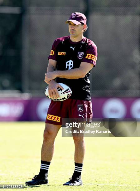Coach Billy Slater watches on during the QLD Maroons State of Origin team training session at the Clive Berghofer Centre on May 23, 2023 in Brisbane,...