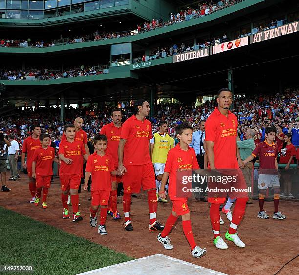 Nathan Eccleston and Alberto Aquilani of Liverpool before the Pre Season tour friendly between Liverpool and Roma on July 25, 2012 in Boston,...