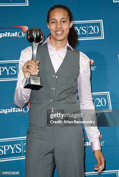 American women's college basketball player Brittney Griner, winner of the Best Female Athlete Award, poses in the press room during the 2012 ESPY...