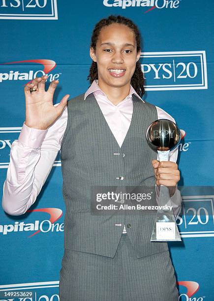 American women's college basketball player Brittney Griner, winner of the Best Female Athlete Award, poses in the press room during the 2012 ESPY...