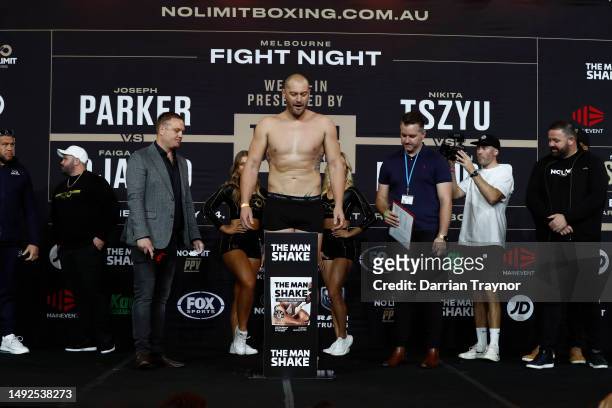 Tom Bellchambers weighs in ahead of his bout with Cam Mooney at Margaret Court Arena on May 23, 2023 in Melbourne, Australia.