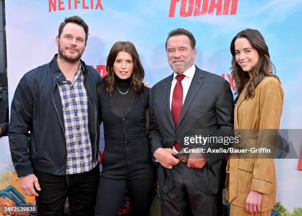 Chris Pratt, Katherine Schwarzenegger, Arnold Schwarzenegger, and Christina Schwarzenegger attend the Los Angeles Premiere of Netflix's "FUBAR" at...