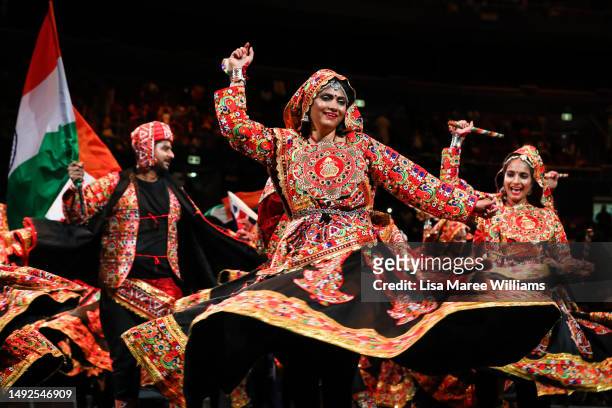Dancers perform in traditional Indian costume as India's Prime Minister Narendra Modi and Australia's Prime Minister Anthony Albanese attend a...