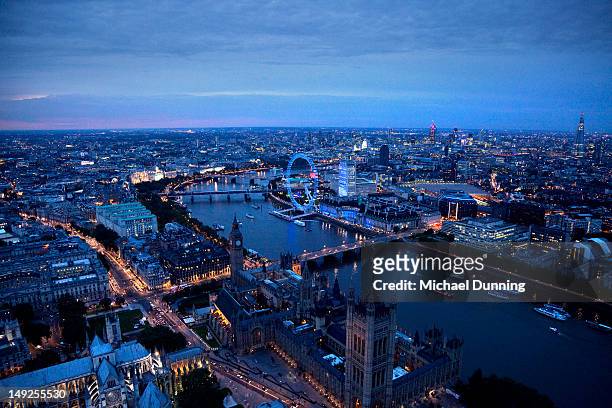 aerial view of westminster, london, at night - london stock-fotos und bilder