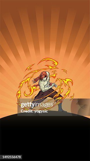 Vector Anime Samurai Fighting Ready Stance with Flame Effects Stock Illustration Vector Anime Samurai Fighting Ready Stance with Flame Effects Stock Illustration