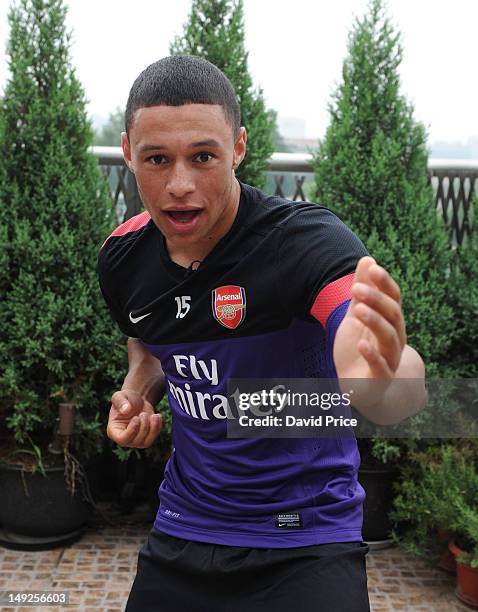 Alex Oxlade-Chamberlain of Arsenal FC is given a lesson in Kung Fu by Zhang Yuxan a Traditional Kung Fu Master in the St. Regis Hotel, in Beijing...