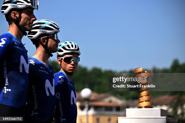 Carlos Verona of Spain, Will Barta of The United States and Einer Augusto Rubio of Colombia and Movistar Team prior to the 106th Giro d'Italia 2023,...