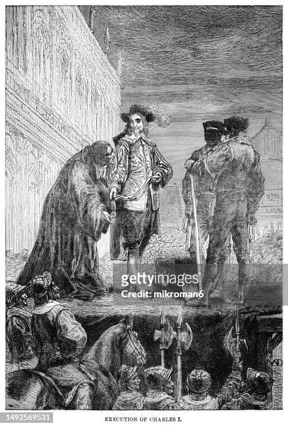 old engraved illustration of execution of king charles i of england - king of england, scotland, and ireland from 27 march 1625 until his execution in 1649 - rei carlos ii de espanha imagens e fotografias de stock