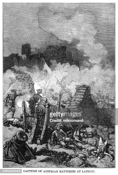 old engraved illustration of the siege of landau (16 june – 12 september 1702) - part of war of the spanish succession - soldier coming home stock pictures, royalty-free photos & images
