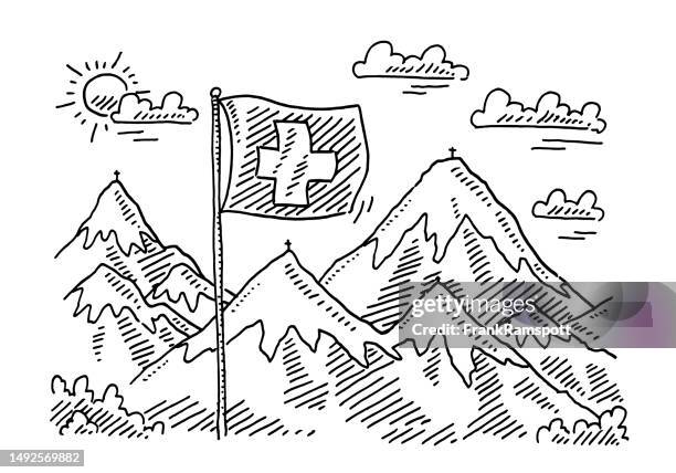 stockillustraties, clipart, cartoons en iconen met swiss flag and alps landscape drawing - swiss flag