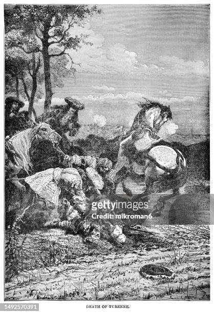 old engraved illustration of death of general turenne  in the battle of salzbach (part of franco-dutch war) - grand failure stock pictures, royalty-free photos & images