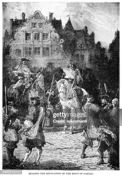 old engraved illustration of reading the revocation of the edict of nantes, sixth largest city in france - nantes stock pictures, royalty-free photos & images