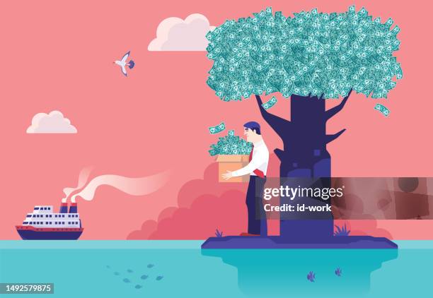 businessman holding carton of banknotes and standing beside money tree on island and looking at cruise ship leaving - cartoon money stock illustrations