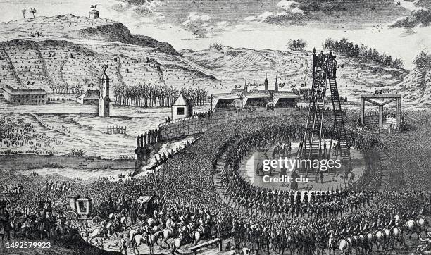 stuttgart with water tower in stöckach, 1738, execution - aerial crowd stock illustrations