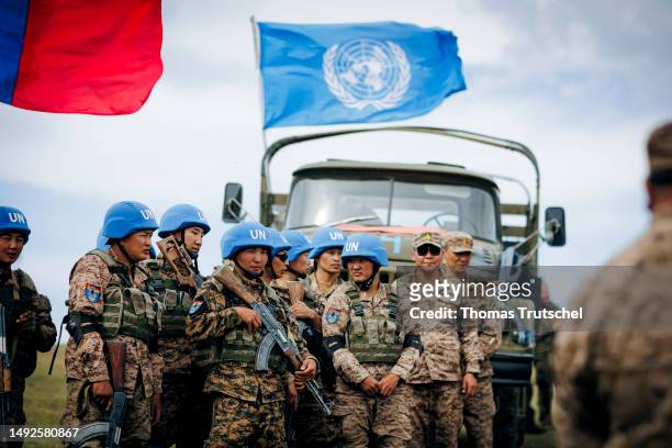 Soldiers of the Mongolian army, taken as part of training Mongolian soldiers for deployment in UN peacekeeping missions on June 30, 2023 in Nalaikh,...