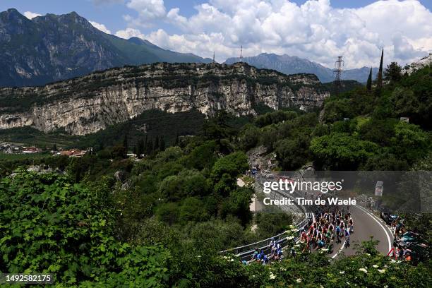 General view of the peloton compete passing through Nago during the 106th Giro d'Italia 2023, Stage 16 a 203km stage from Sabbio Chiese to Monte...