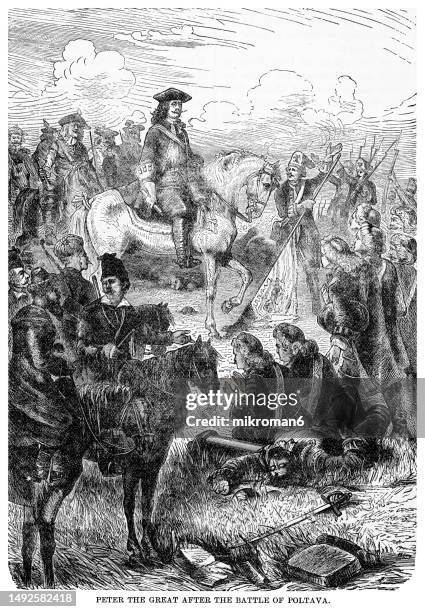 old engraved illustration of battle of poltava, peter the great after the battle of poltava - the great battles stockfoto's en -beelden