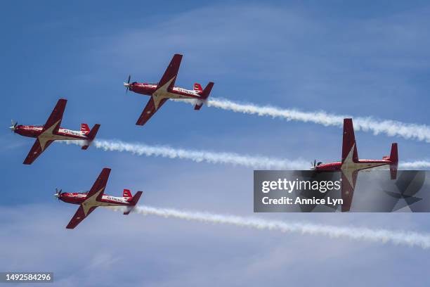 The Jupiter aerobatic demonstration team of the Indonesian Air Force perform during an aerial display at the Langkawi International Maritime and...