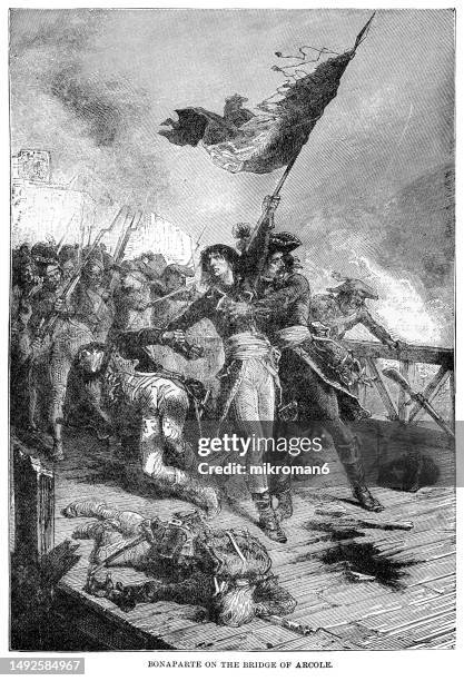 old engraved illustration of the napoleon bonaparte on the bridge of arcole - battle of arcole or battle of arcola (november 1796) - soldier coming home stock pictures, royalty-free photos & images