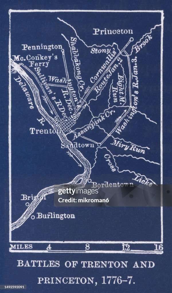 Old engraved map of the battle of Trenton and Princeton, 1776-1777