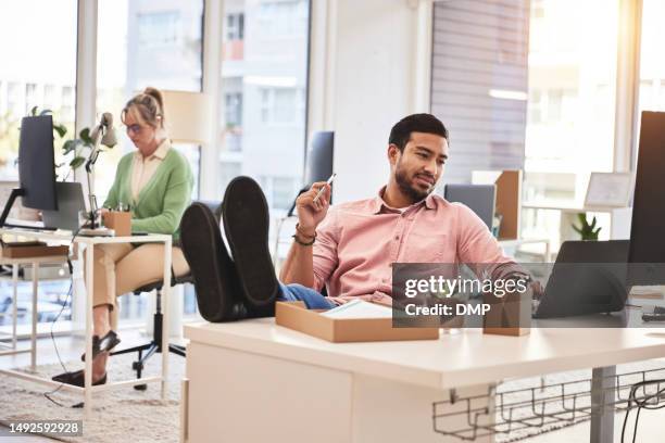 relax business man with his feet up on desk working on laptop for job confidence and successful career. asian ceo, boss or professional person relaxing in office on computer - feet on desk stock pictures, royalty-free photos & images